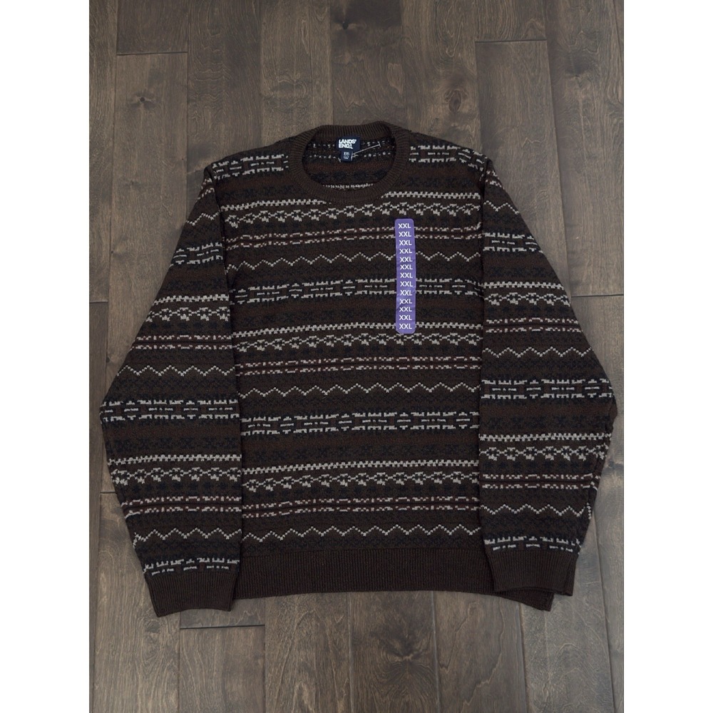 NWOT Lands' End Sweater Mens 2XL 50-52 Brown Fair Isle Long Sleeve Pullover